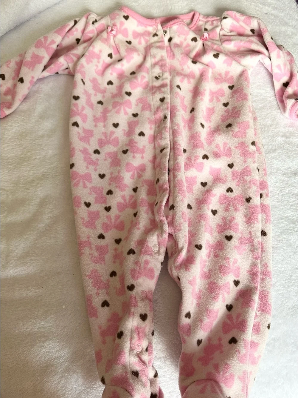 Carter's Pink & Brown Heart Bow Fleece Footed One-Piece
